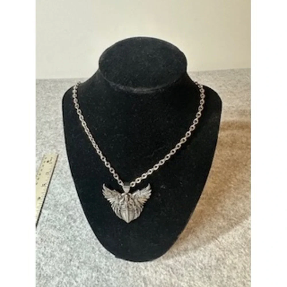 Silver Tone Winged Knight Pendant Necklace Medieval Warrior Sword Shield 24 In